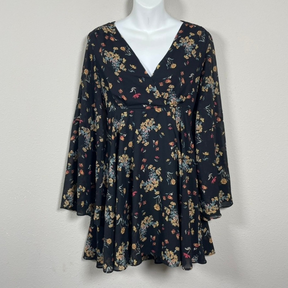 Free People Floral Bell Sleeve Mini Dress Womens S Black Dark Fairy Boho Chiffon